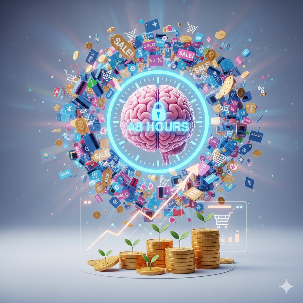 Hourglass with shopping items and a 48-hour lock symbol for financial discipline