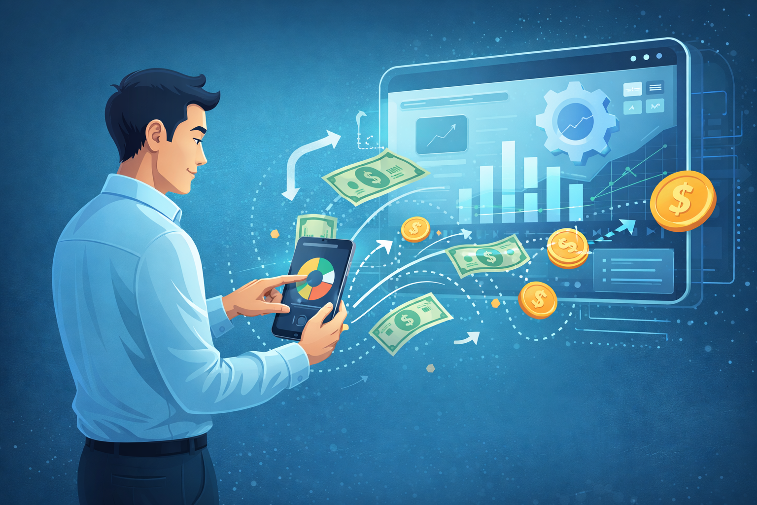 Illustration showing automated income management using the 50/30/20 rule to improve wealth management, cash flow management, and long-term financial security.