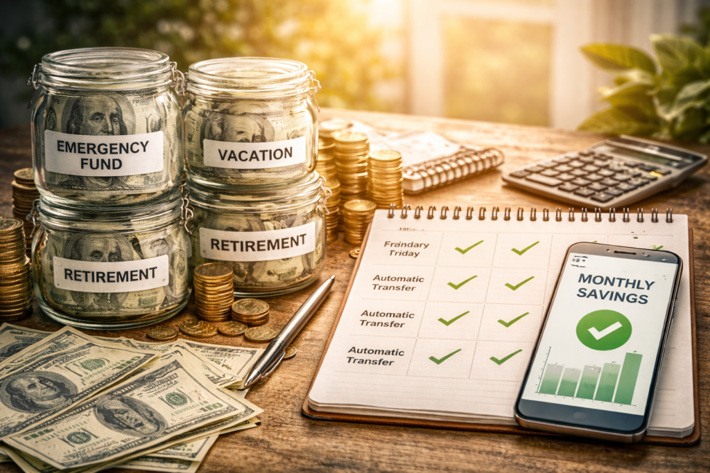 Illustration showing an automatic saving system with emergency fund, retirement savings, and organized financial planning for long-term stability
