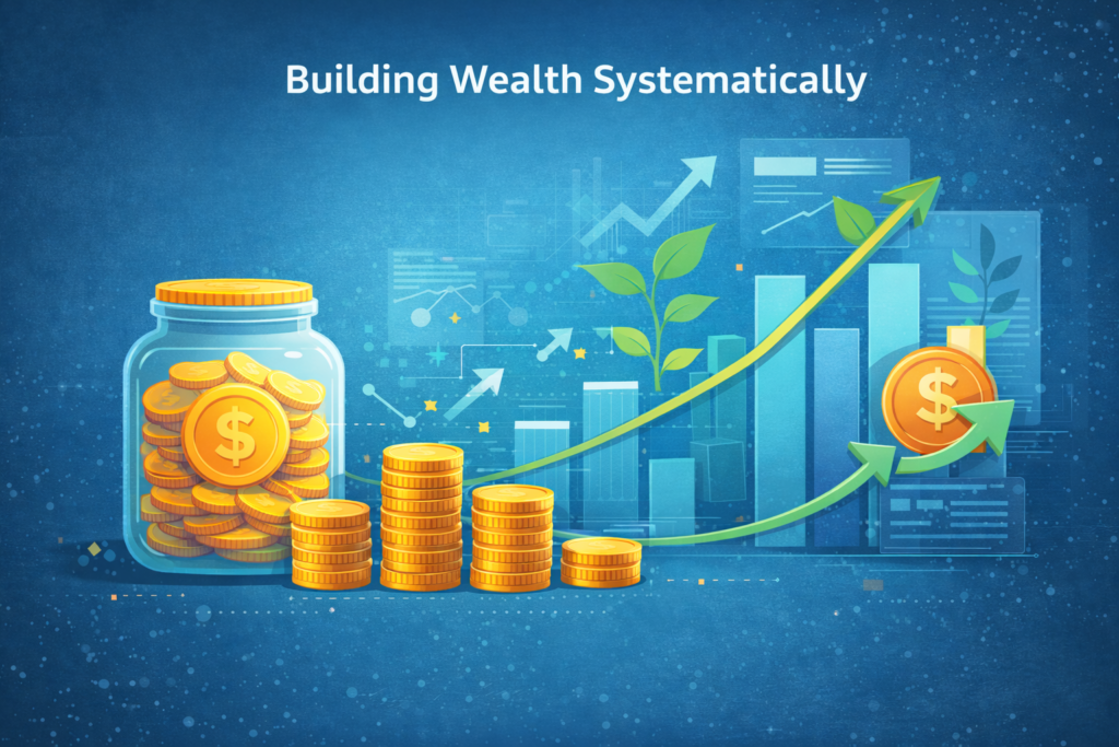 Illustration representing building wealth systematically through automated savings, long-term investments, and consistent financial growth using the 50/30/20 rule.