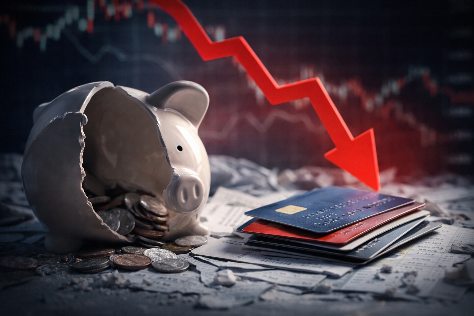 Credit card debt weakening financial stability with broken piggy bank and stacked credit cards