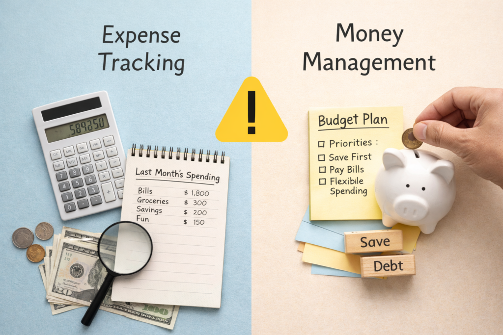 Visual comparison between expense tracking and money management showing budgeting tools, savings priorities, and financial planning elements