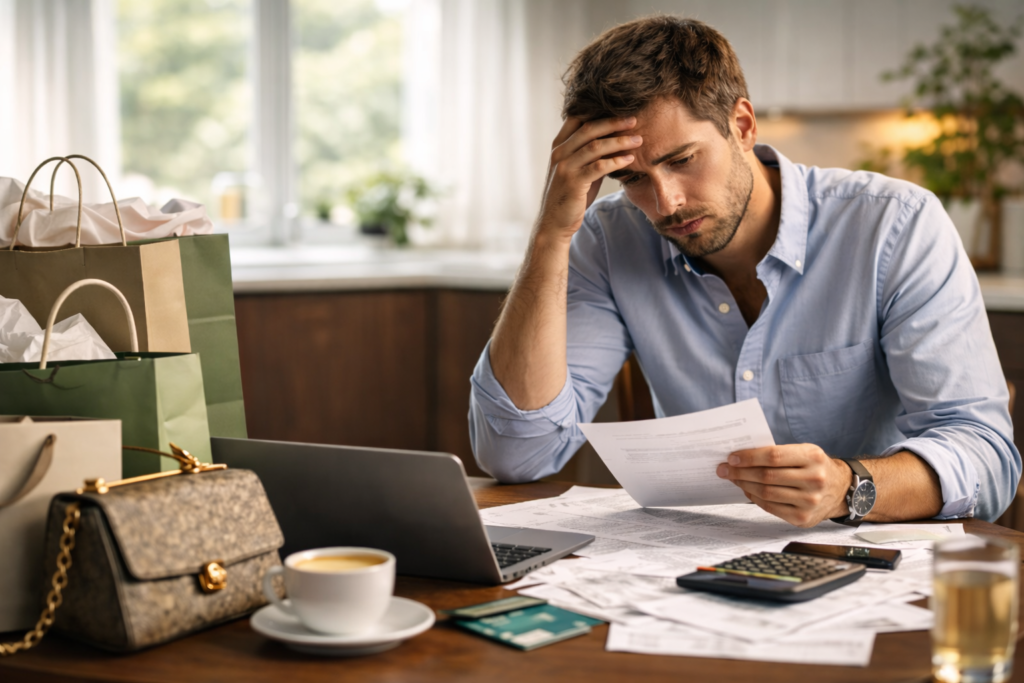 A man experiencing financial stress while reviewing bills despite increased income, illustrating how money anxiety can persist even when earnings improve.