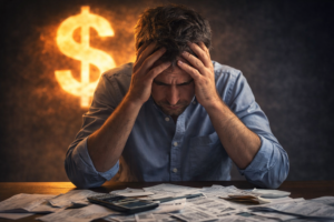 A man experiencing financial stress while reviewing bills and expenses, illustrating money anxiety and mental pressure related to personal finances.