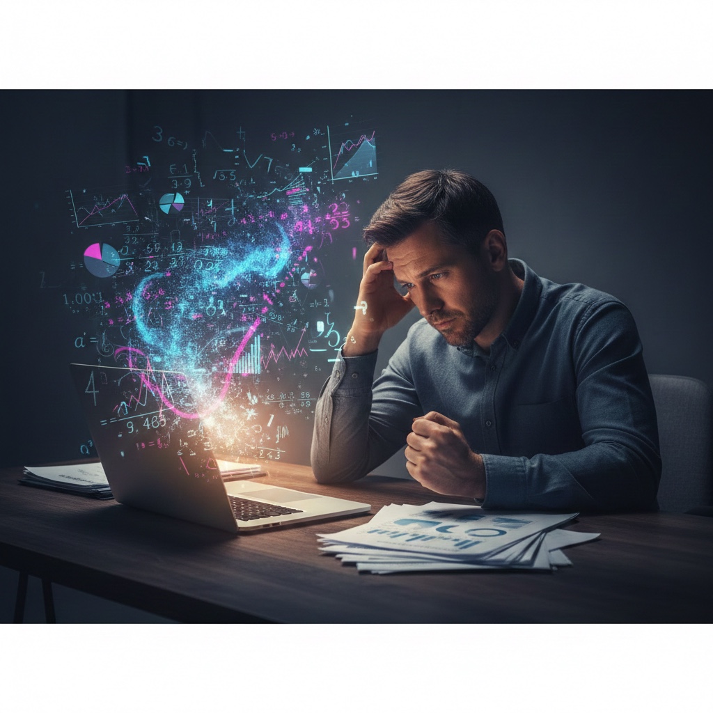 A person reflecting on financial data with glowing mathematical equations, illustrating the psychological impact of money stress