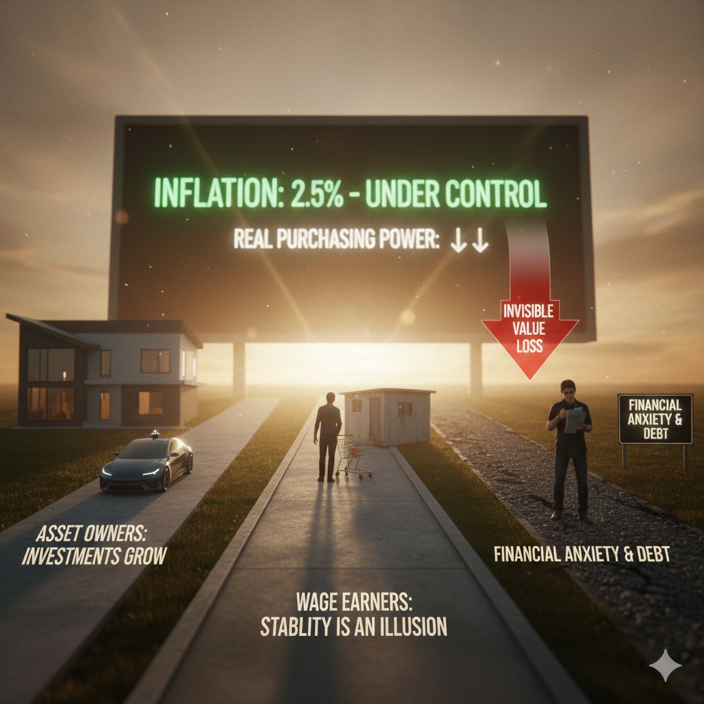 Visual illustration showing hidden inflation, declining real purchasing power, and how wages fall behind while asset owners benefit