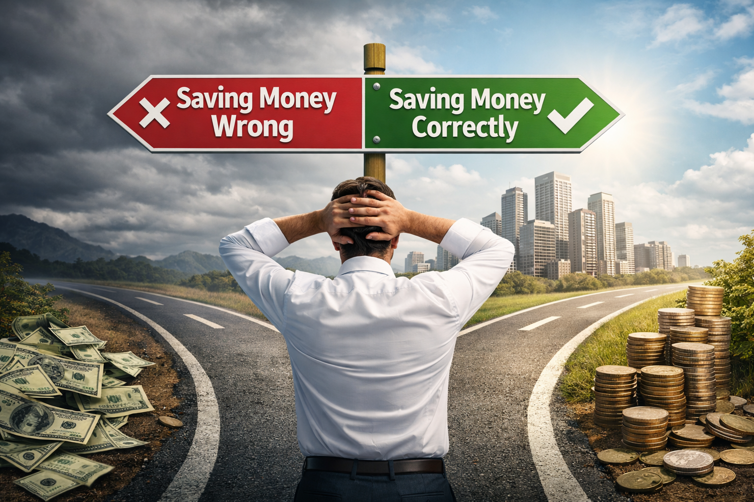 Illustration showing the difference between saving money the wrong way and how to save money correctly using a clear financial system