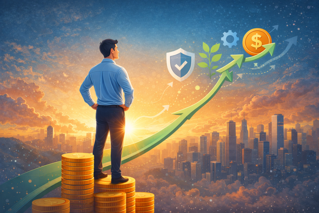 Illustration representing long-term wealth growth through automated income, strong cash flow management, and sustainable financial security.
