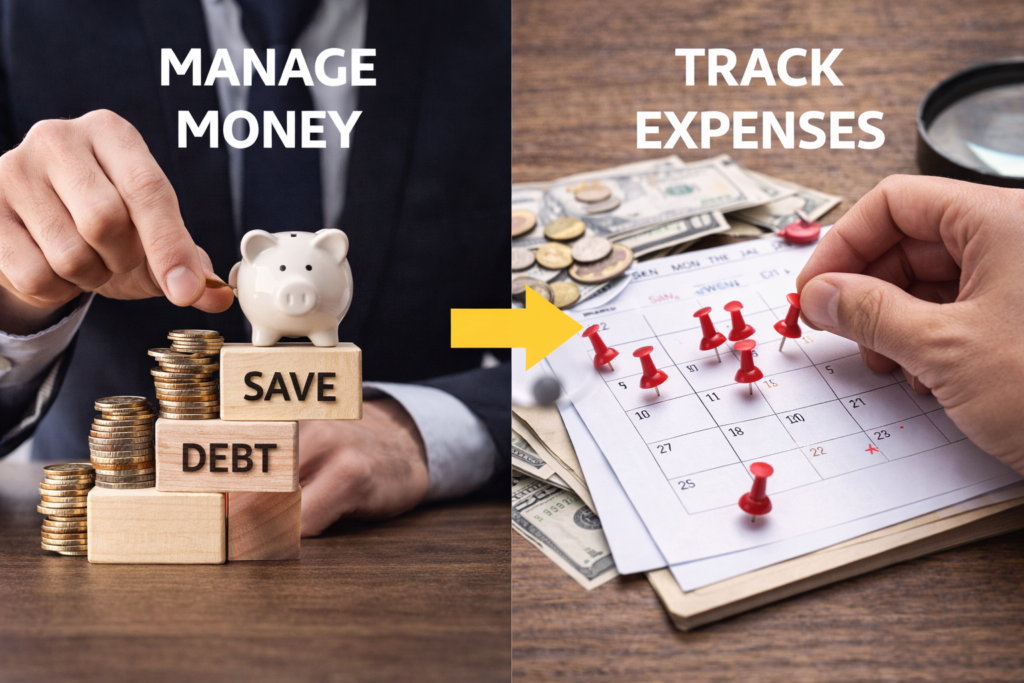 Comparison between managing money and tracking expenses showing savings priorities, debt reduction, and financial planning tools