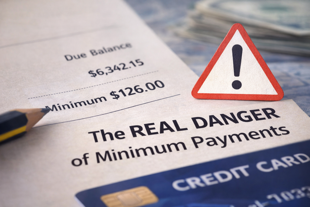 Credit card statement highlighting minimum payment and showing the real danger of minimum payments on long-term credit card debt
