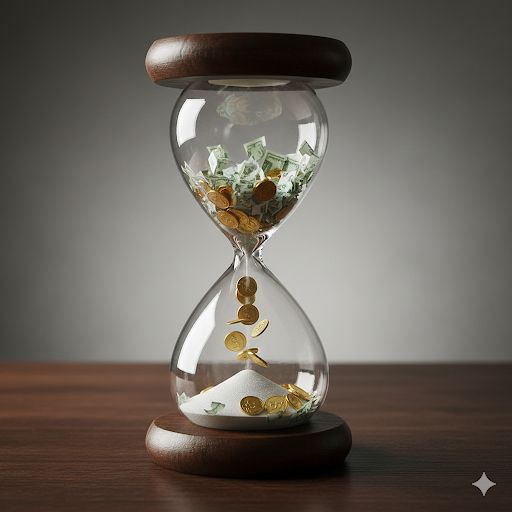 Hourglass filled with coins symbolizing how money loses value over time