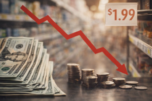 Illustration showing money losing value over time before prices rise, representing hidden inflation and declining purchasing power