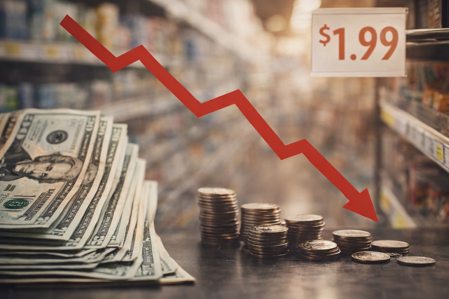 Illustration showing money losing value over time before prices rise, representing hidden inflation and declining purchasing power