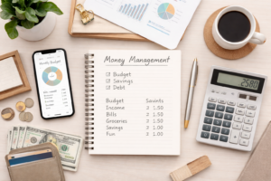 Money management planning showing budgeting notebook, calculator, cash, and financial tracking tools