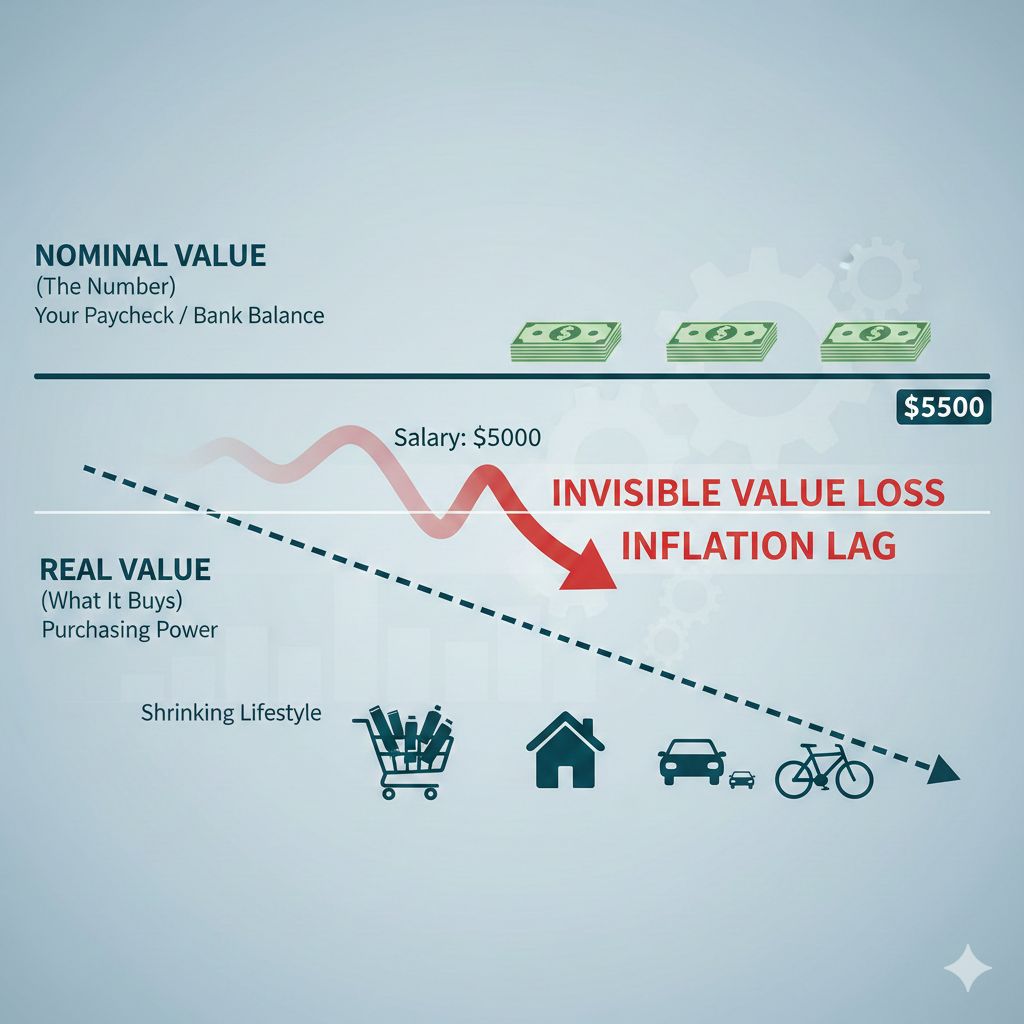 Diagram showing the difference between nominal value and real value of money, illustrating hidden inflation, inflation lag, and declining purchasing power over time