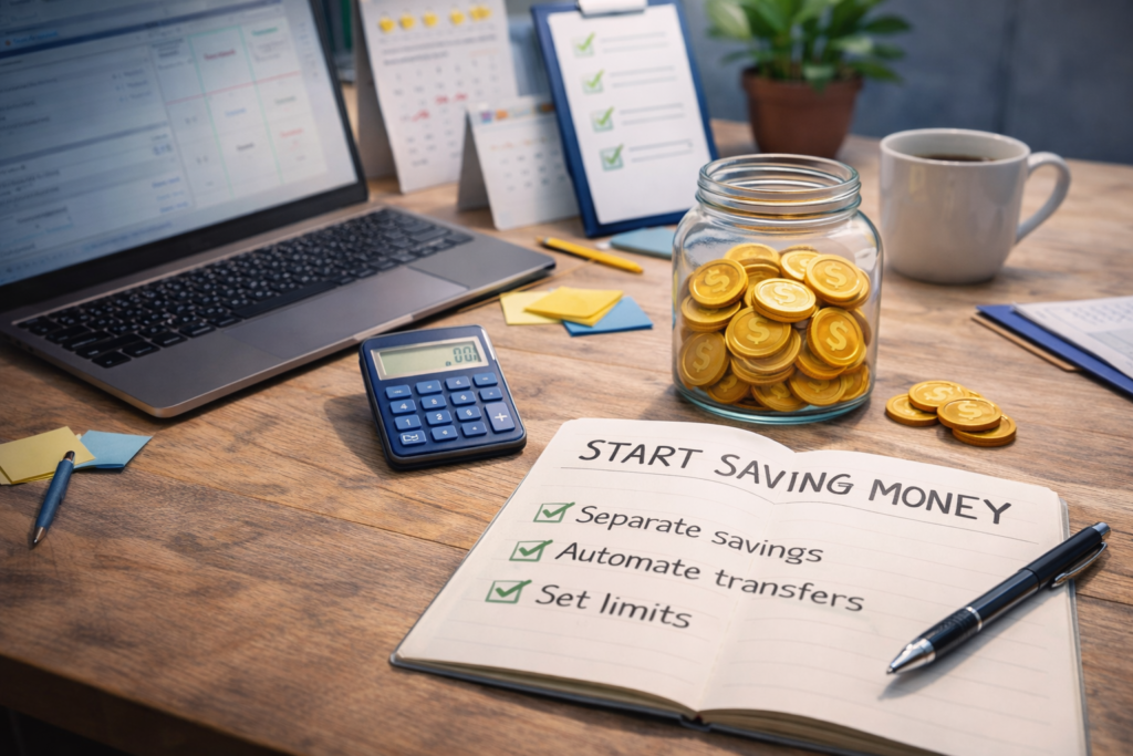 Saving money tips shown through a practical budget planning setup with a savings notebook, calculator, and savings jar
