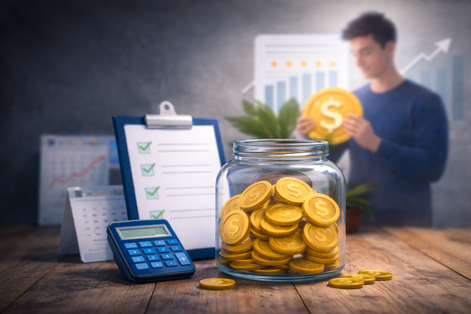 Saving money tips illustrated through realistic financial planning tools including a savings jar, calculator, and budgeting checklist