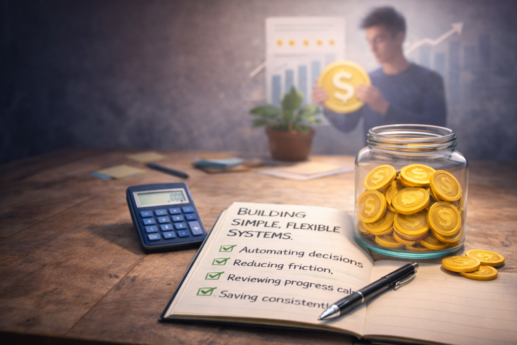 Saving money tips illustrated through a simple and flexible financial system with a savings jar, calculator, and planning notebook
