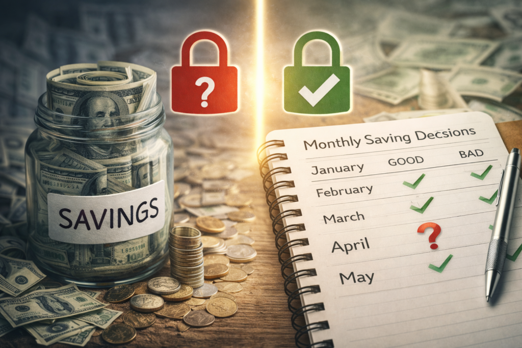 Illustration showing the difference between random saving and strategic saving using a clear and consistent financial system
