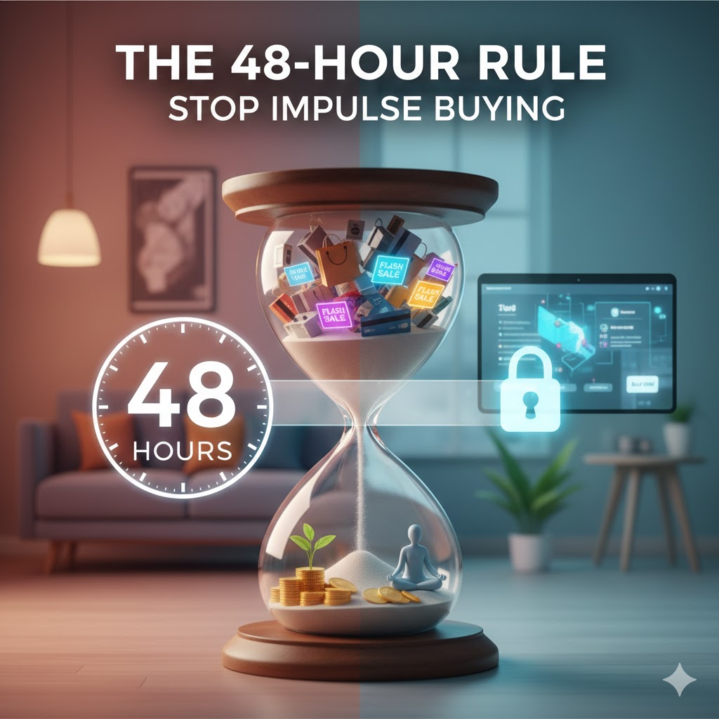 Hourglass with shopping items and a 48-hour lock symbol for financial discipline