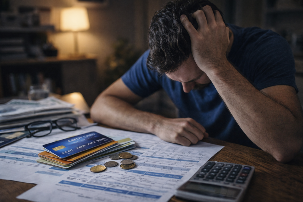 A stressed person reviewing bills and credit cards, showing how credit card payments can feel ineffective when balances do not decrease.