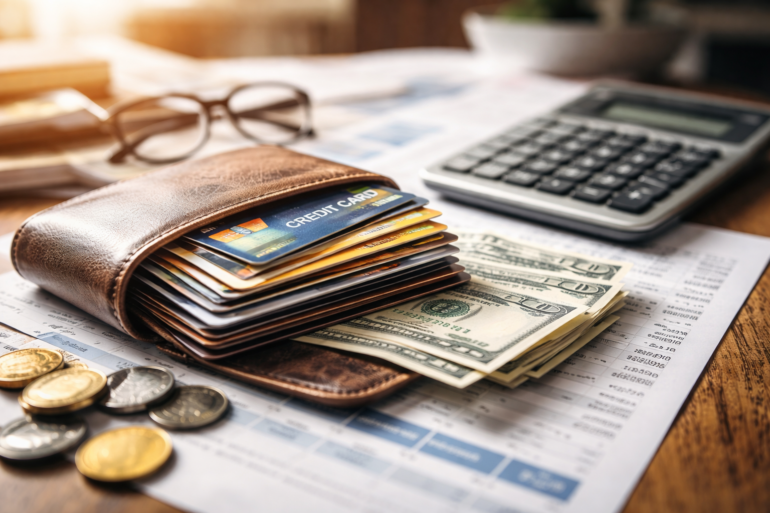 Credit card payments shown next to a wallet, cash, and financial documents illustrating how credit card payments are applied to interest and principal.