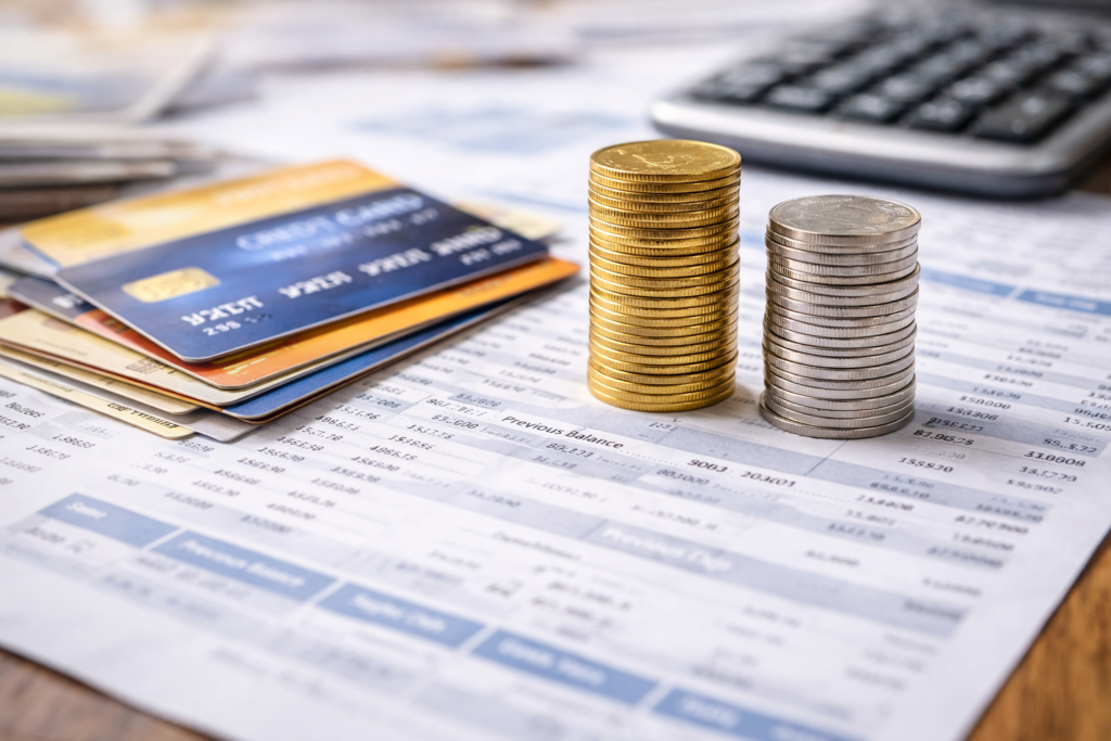 Credit card payments illustrated by stacked coins and credit cards showing how credit card payments are split between interest charges and principal balance.
