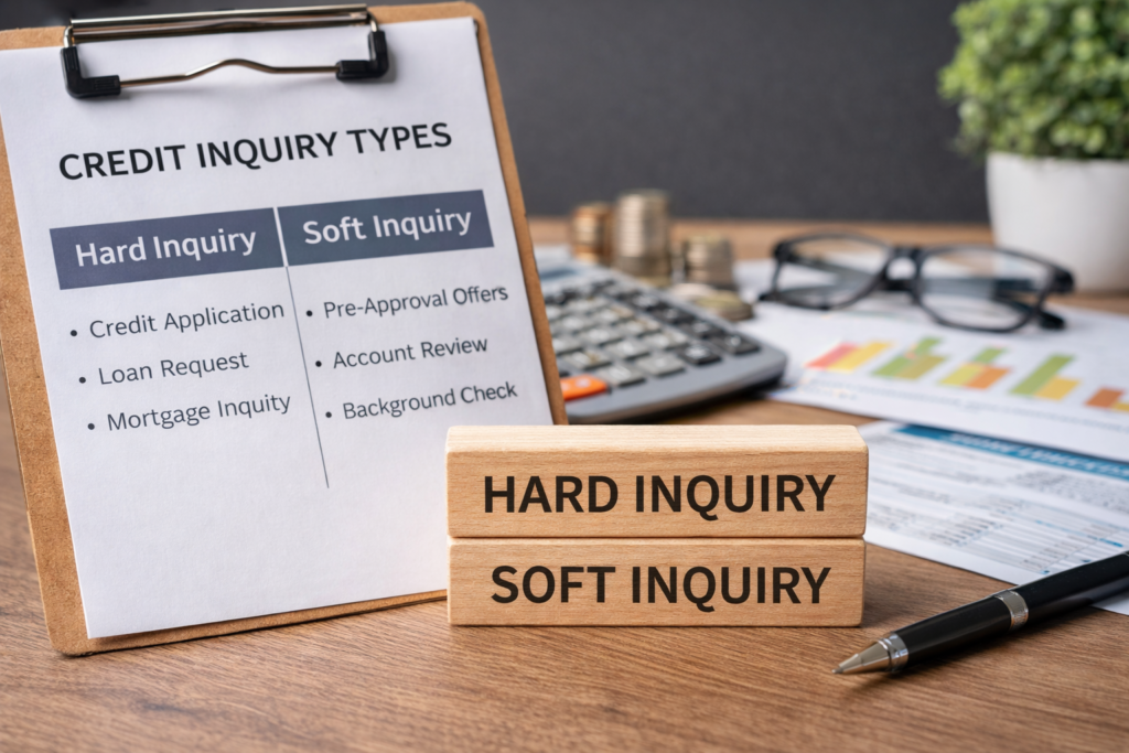 hard inquiry vs soft inquiry comparison showing credit inquiry types on a desk with financial documents