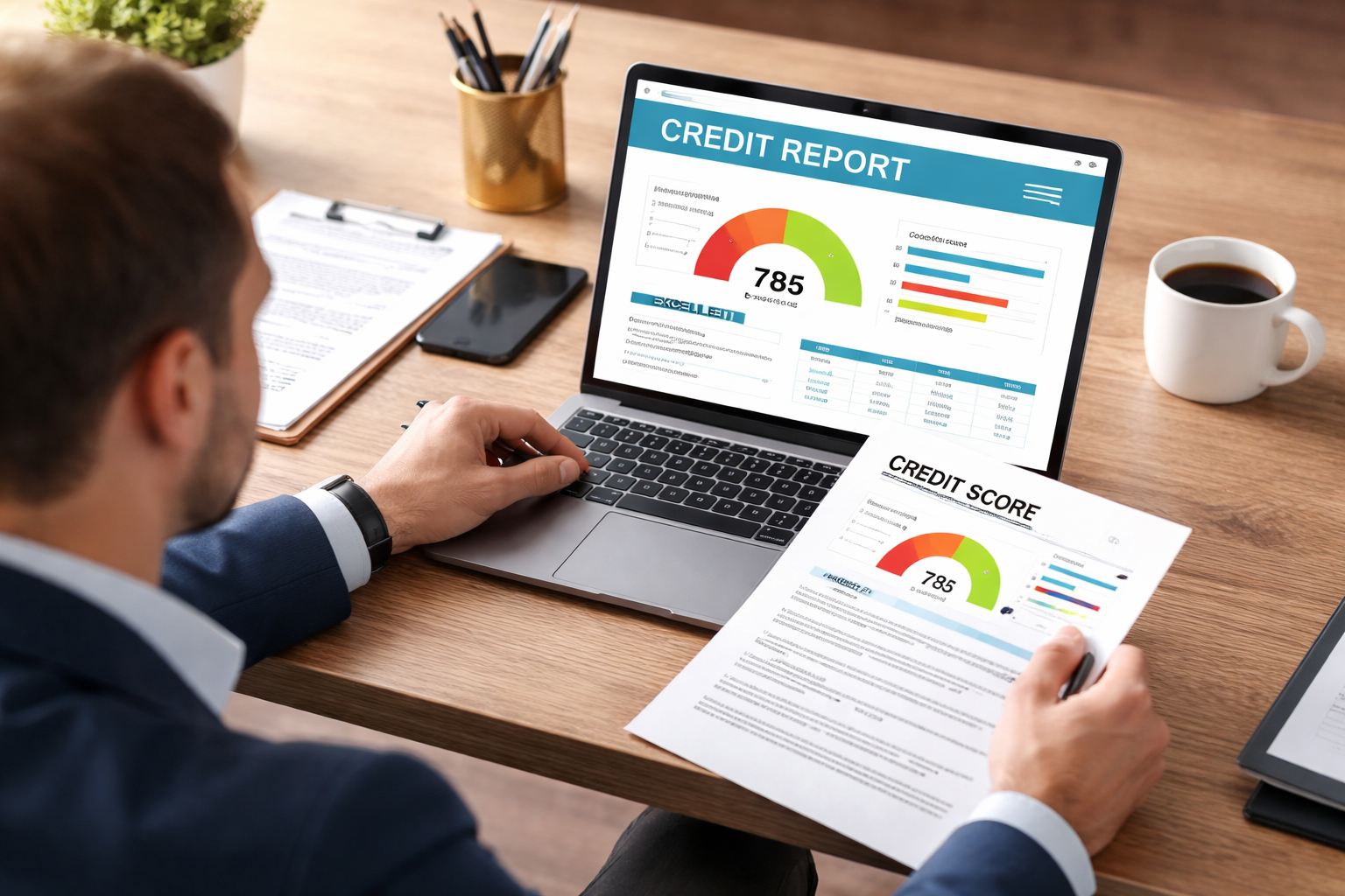 hard inquiry vs soft inquiry example showing a man reviewing his credit report and credit score on a laptop