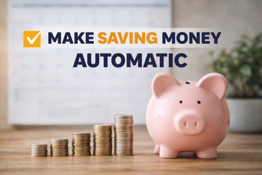 A piggy bank with growing stacks of coins showing how saving money works best when it becomes automatic and system-based