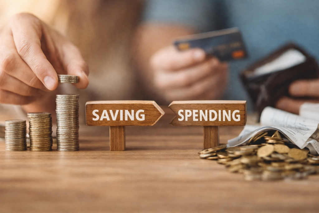 Coins stacked under a sign labeled saving while spending pulls money away, showing why saving money fails without a clear system