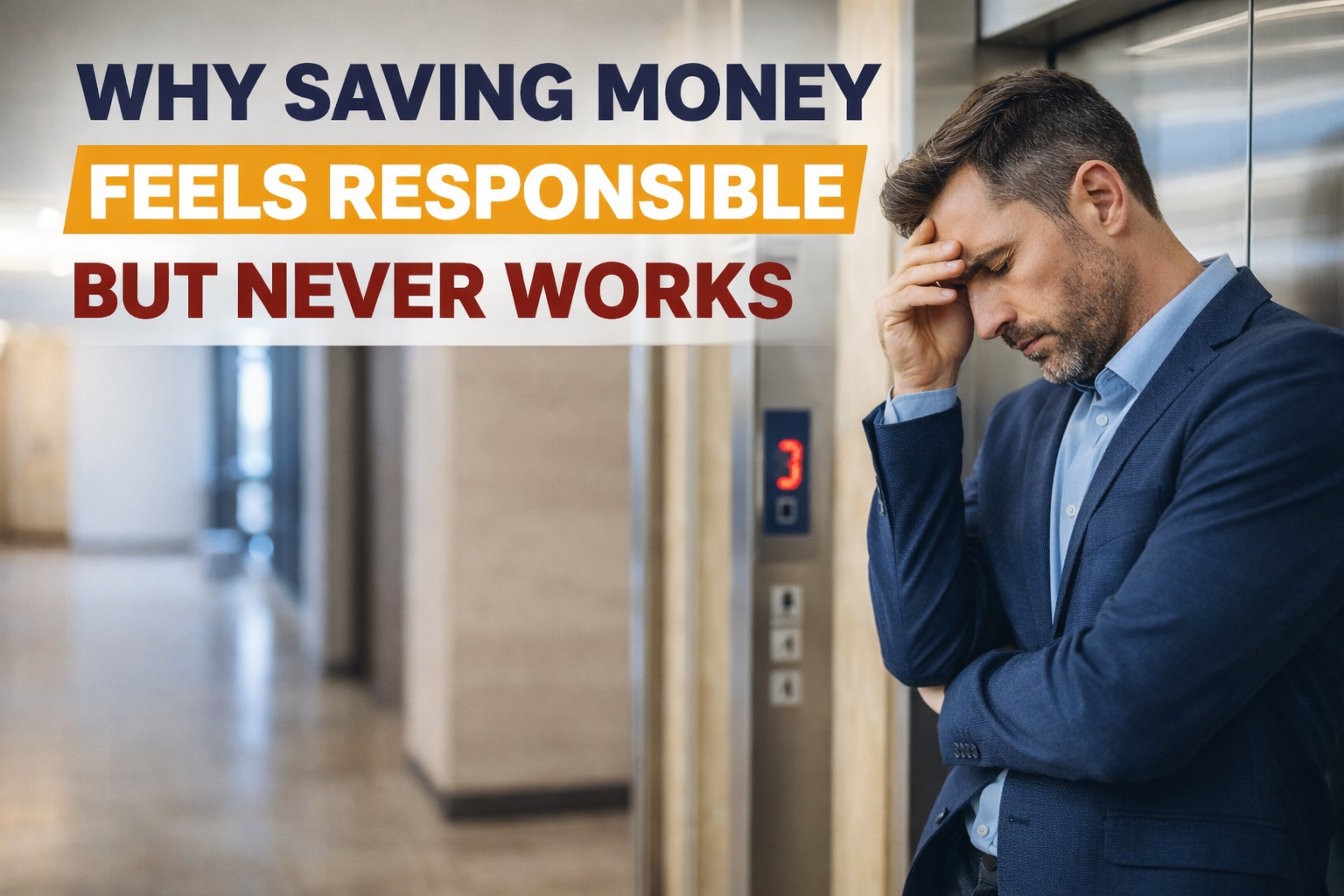 A man standing alone near an elevator looking stressed, representing why saving money feels responsible but often fails without a proper system